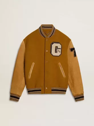 Cazadora bomber de lana amarillo ocre con mangas de cuero