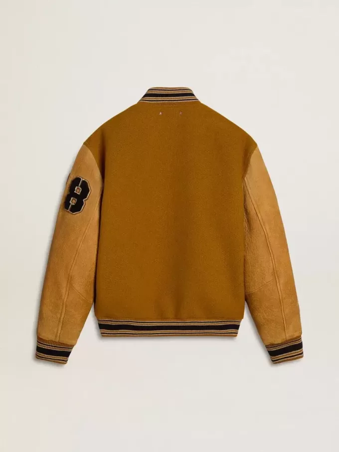 Cazadora bomber de lana amarillo ocre con mangas de cuero Cazadora bomber de lana amarillo ocre con mangas de cuero