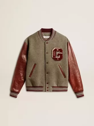 Cazadora bomber de lana gris jaspeada con mangas de cuero