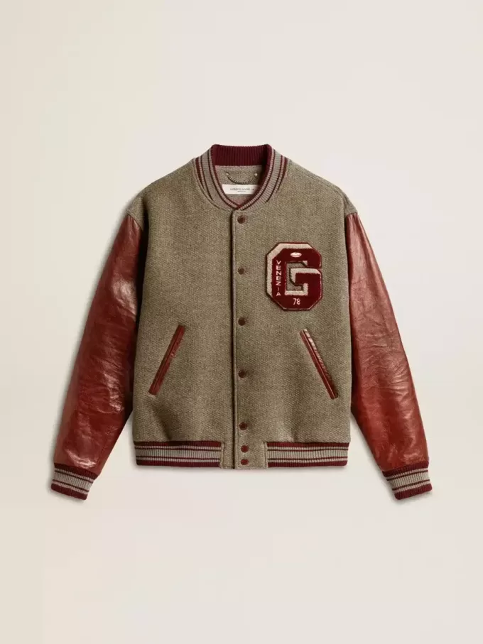 Cazadora bomber de lana gris jaspeada con mangas de cuero Cazadora bomber de lana gris jaspeada con mangas de cuero