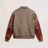 Cazadora bomber de lana gris jaspeada con mangas de cuero Cazadora bomber de lana gris jaspeada con mangas de cuero