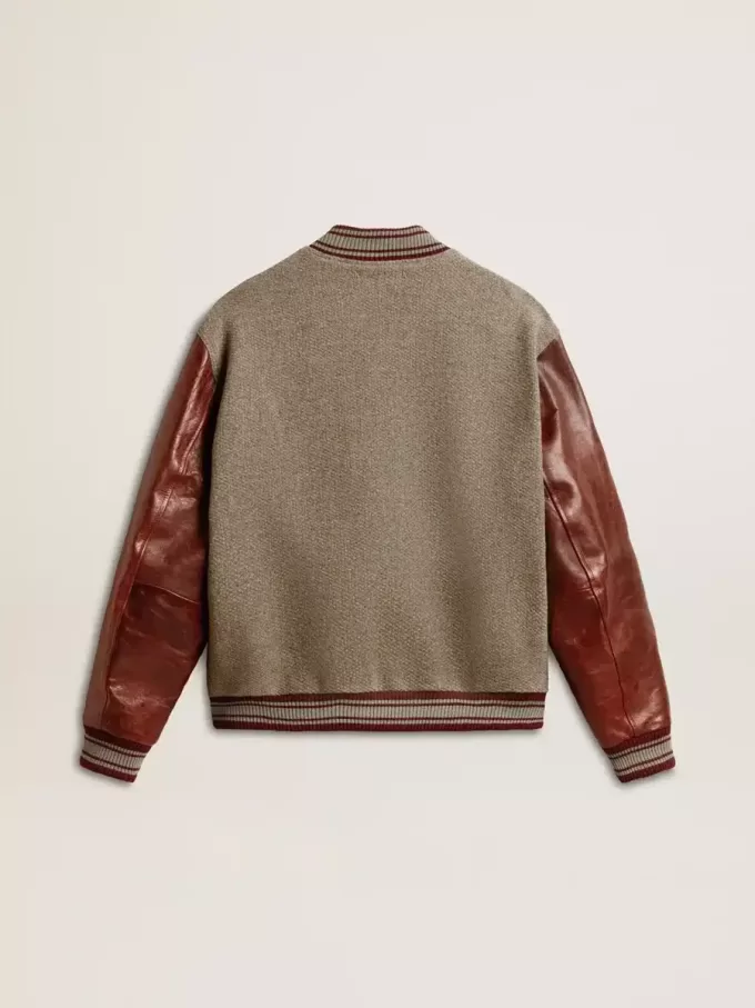 Cazadora bomber de lana gris jaspeada con mangas de cuero Cazadora bomber de lana gris jaspeada con mangas de cuero