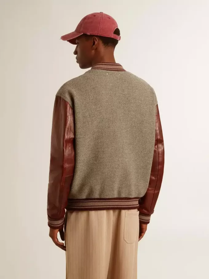 Cazadora bomber de lana gris jaspeada con mangas de cuero Cazadora bomber de lana gris jaspeada con mangas de cuero