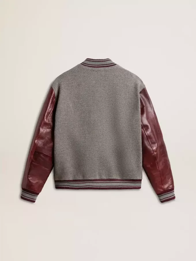 Cazadora bomber de lana gris jaspeada con mangas de cuero Cazadora bomber de lana gris jaspeada con mangas de cuero