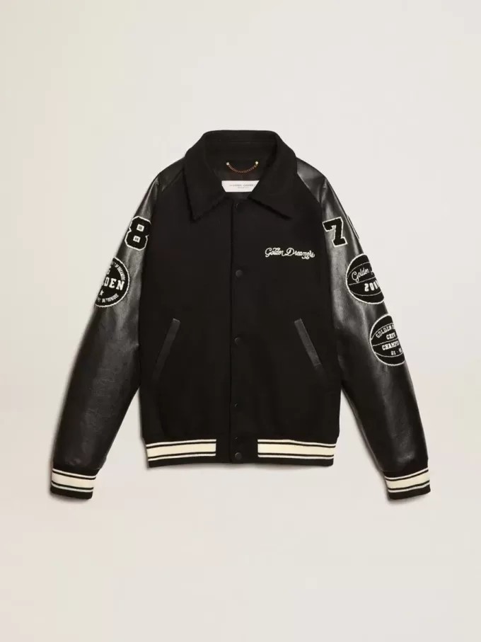 Cazadora bomber de lana negra con parche Cazadora bomber de lana negra con parche