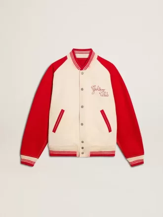 Cazadora bomber en blanco desgastado y rojo con bordados