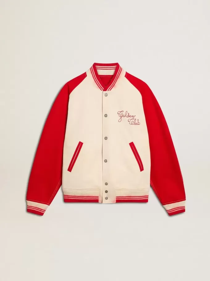 Cazadora bomber en blanco desgastado y rojo con bordados Cazadora bomber en blanco desgastado y rojo con bordados