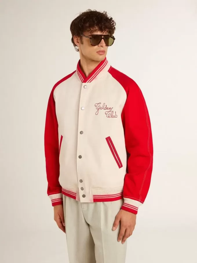 Cazadora bomber en blanco desgastado y rojo con bordados Cazadora bomber en blanco desgastado y rojo con bordados