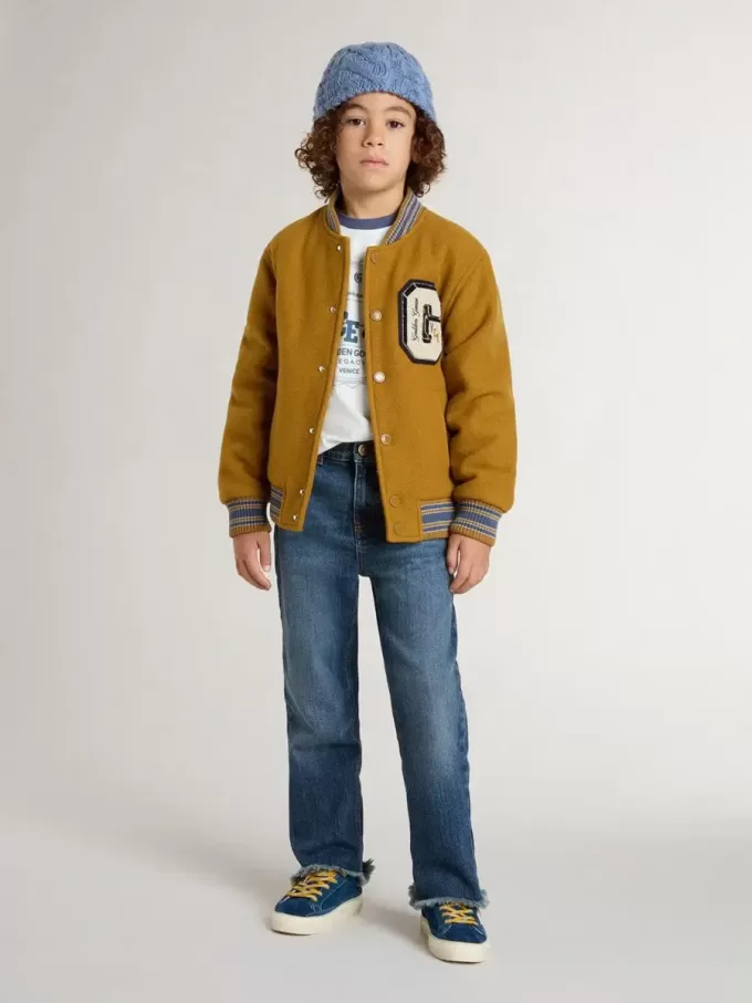 Cazadora bomber infantil de lana en color amarillo ocre con parche Cazadora bomber infantil de lana en color amarillo ocre con parche