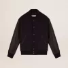 Cazadora bomber para hombre en lana azul oscuro con mangas de cuero Cazadora bomber para hombre en lana azul oscuro con mangas de cuero