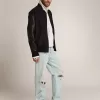 Cazadora bomber para hombre en lana azul oscuro con mangas de cuero Cazadora bomber para hombre en lana azul oscuro con mangas de cuero