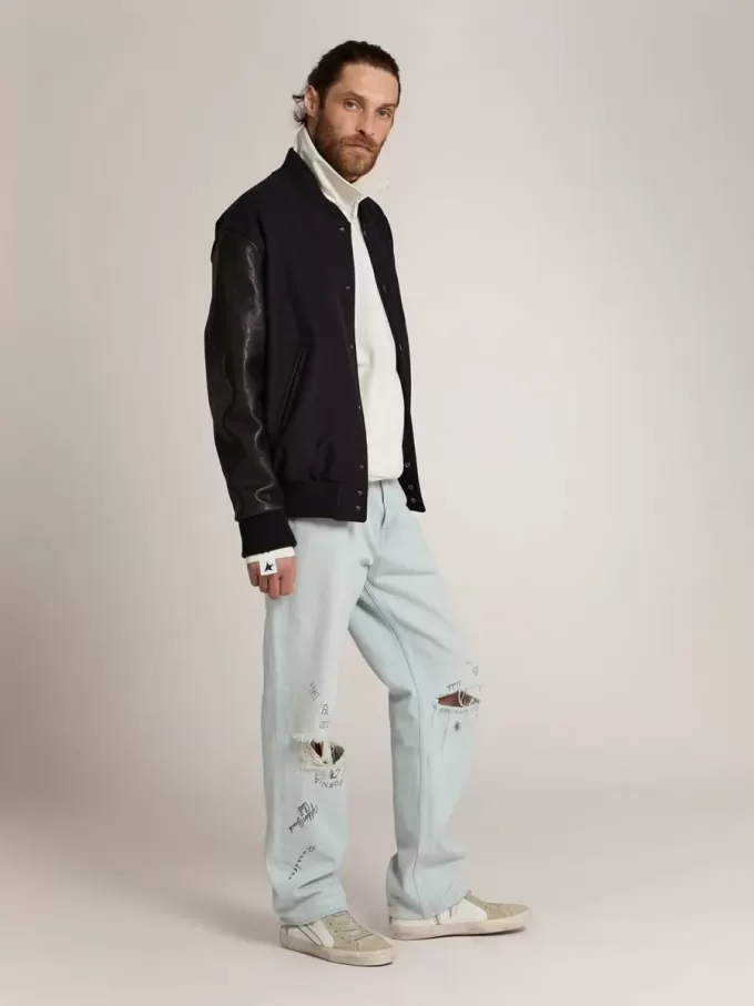 Cazadora bomber para hombre en lana azul oscuro con mangas de cuero Cazadora bomber para hombre en lana azul oscuro con mangas de cuero