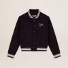 Cazadora bomber para mujer en lana azul oscuro con detalles en blanco Cazadora bomber para mujer en lana azul oscuro con detalles en blanco