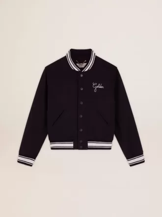 Cazadora bomber para mujer en lana azul oscuro con detalles en blanco