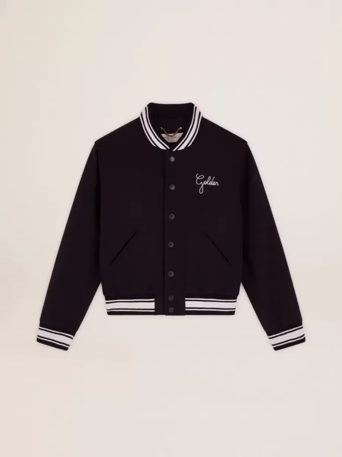 Cazadora bomber para mujer en lana azul oscuro con detalles en blanco Cazadora bomber para mujer en lana azul oscuro con detalles en blanco