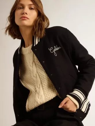 Cazadora bomber para mujer en lana azul oscuro con detalles en blanco