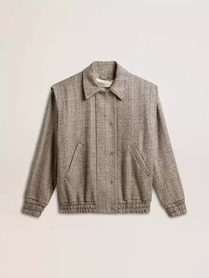 Cazadora bomber para mujer en lana marrón crudo con diseño en espiga Cazadora bomber para mujer en lana marrón crudo con diseño en espiga