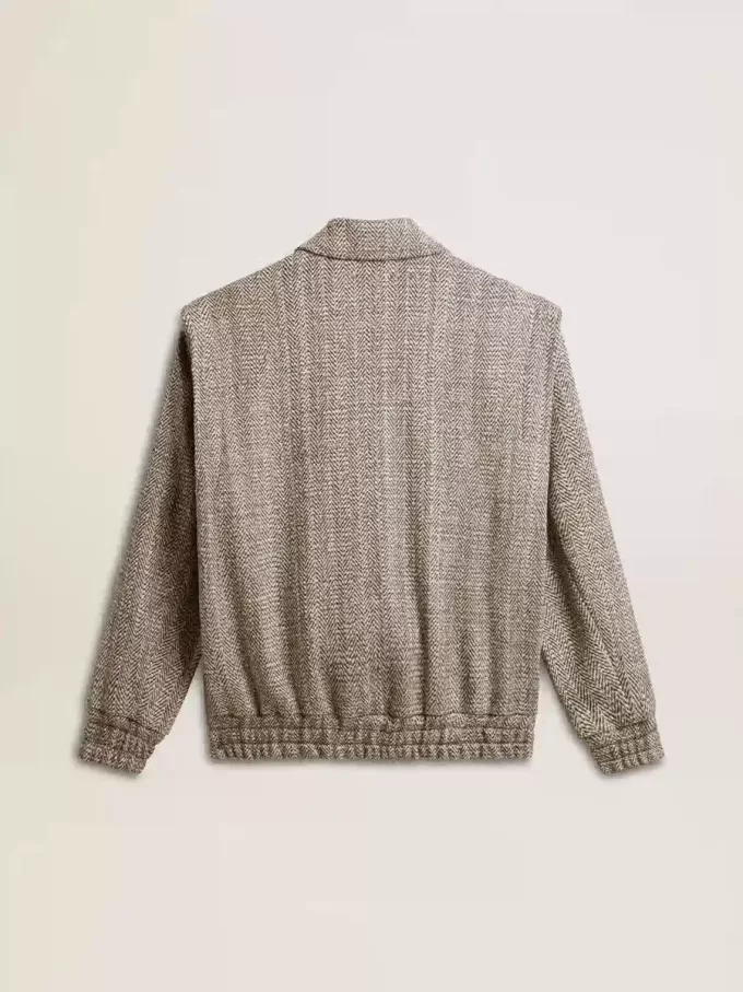 Cazadora bomber para mujer en lana marrón crudo con diseño en espiga Cazadora bomber para mujer en lana marrón crudo con diseño en espiga