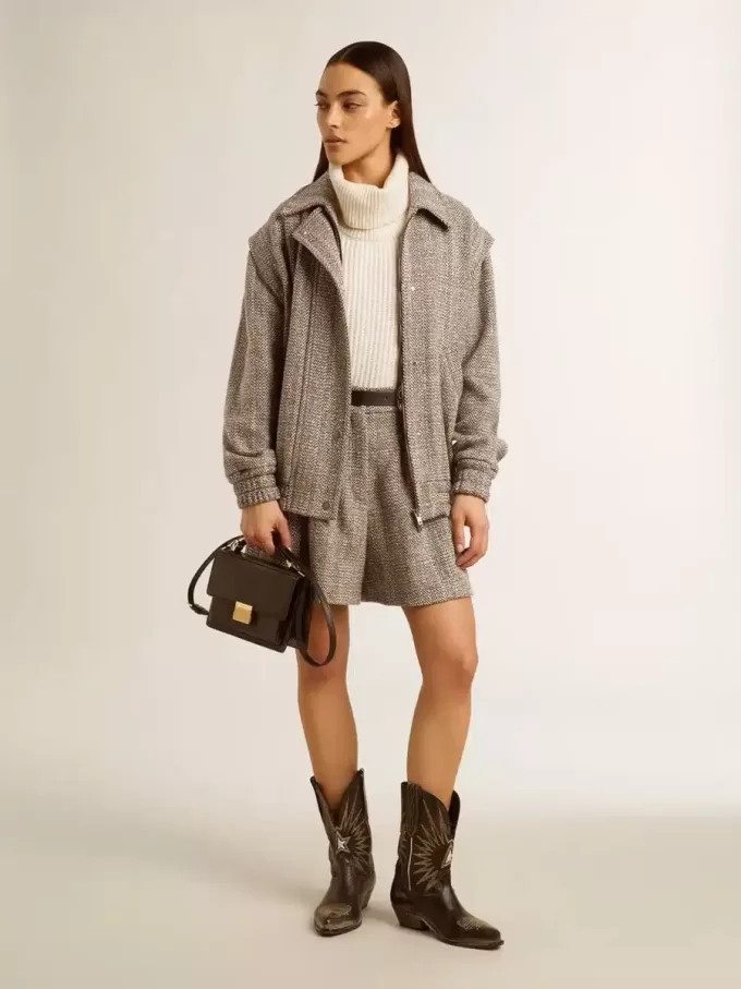 Cazadora bomber para mujer en lana marrón crudo con diseño en espiga Cazadora bomber para mujer en lana marrón crudo con diseño en espiga