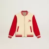 Cazadora bomber para niño en algodón beige y rojo con bordado en el pecho