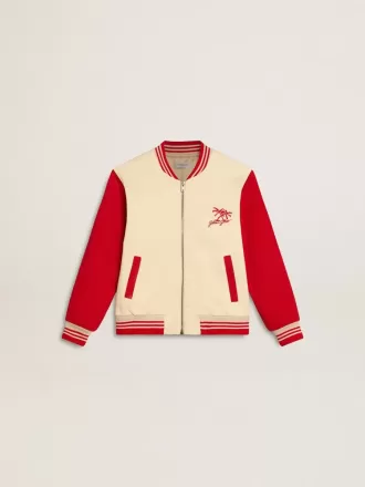 Cazadora bomber para niño en algodón beige y rojo con bordado en el pecho