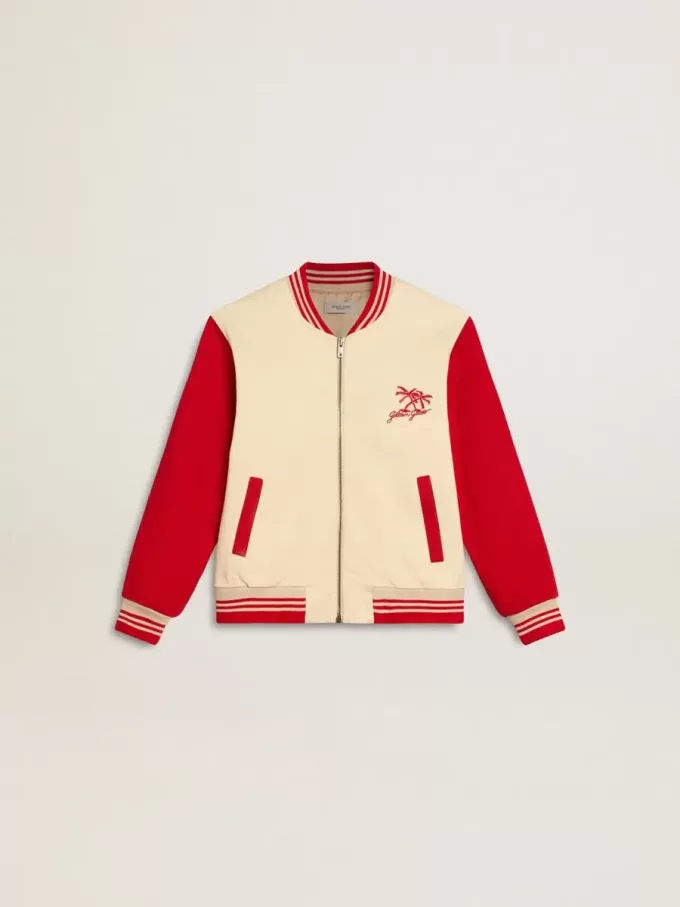 Cazadora bomber para niño en algodón beige y rojo con bordado en el pecho