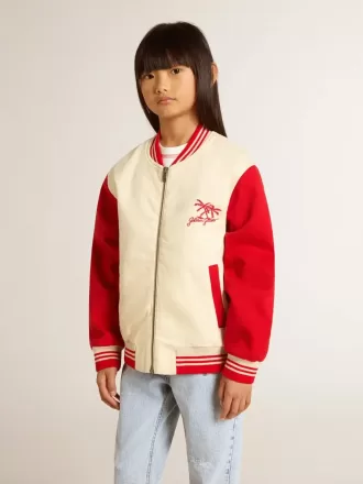 Cazadora bomber para niño en algodón beige y rojo con bordado en el pecho
