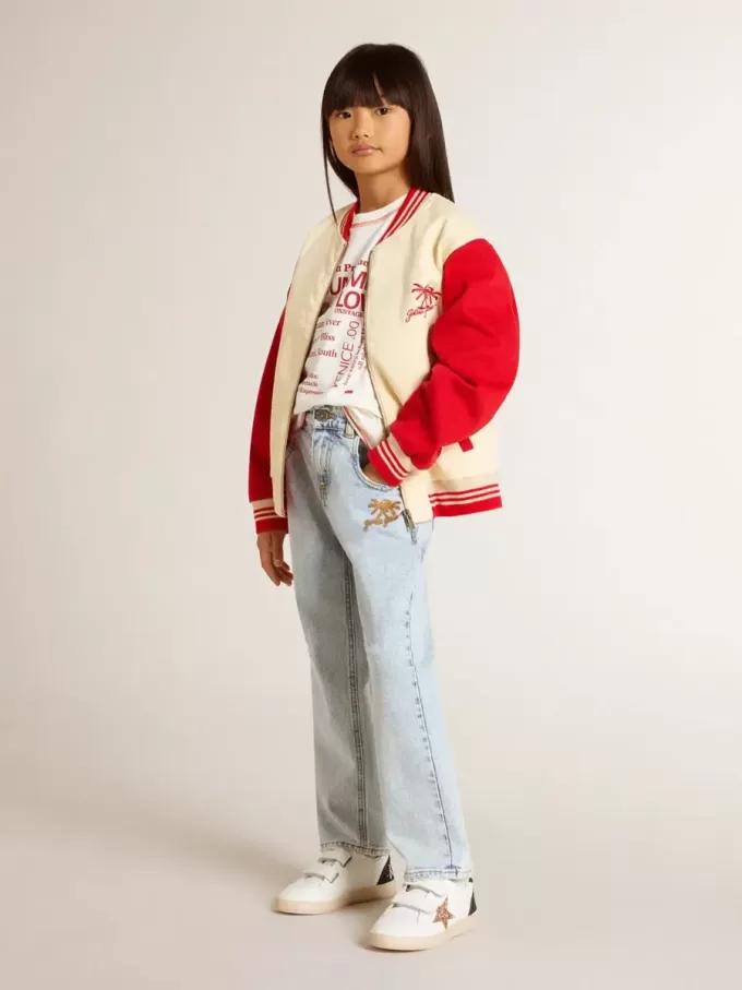 Cazadora bomber para niño en algodón beige y rojo con bordado en el pecho