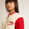 Cazadora bomber para niño en algodón beige y rojo con bordado en el pecho
