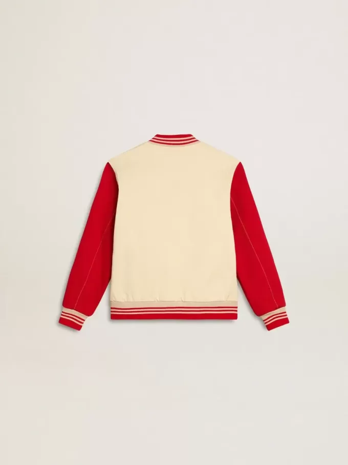 Cazadora bomber para niño en algodón beige y rojo con bordado en el pecho