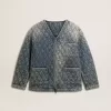 Chaqueta acolchada azul para mujer en denim de algodón con acabado desgastado Chaqueta acolchada azul para mujer en denim de algodón con acabado desgastado