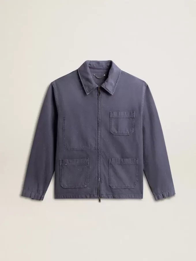 Chaqueta azul para hombre en algodón denim con tratamiento desgastado Chaqueta azul para hombre en algodón denim con tratamiento desgastado
