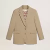 Chaqueta beige de rayas finas para mujer, de corte oversize y botonadura sencilla Chaqueta beige de rayas finas para mujer, de corte oversize y botonadura sencilla