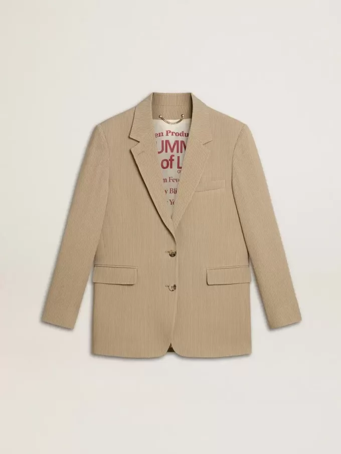 Chaqueta beige de rayas finas para mujer, de corte oversize y botonadura sencilla Chaqueta beige de rayas finas para mujer, de corte oversize y botonadura sencilla