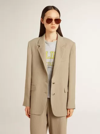 Chaqueta beige de rayas finas para mujer, de corte oversize y botonadura sencilla