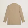 Chaqueta beige de rayas finas para mujer, de corte oversize y botonadura sencilla Chaqueta beige de rayas finas para mujer, de corte oversize y botonadura sencilla