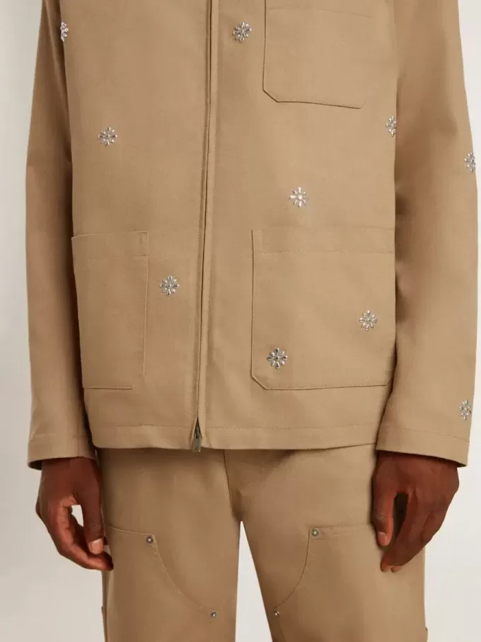 Chaqueta beige para hombre con bordado floral y cremallera completa