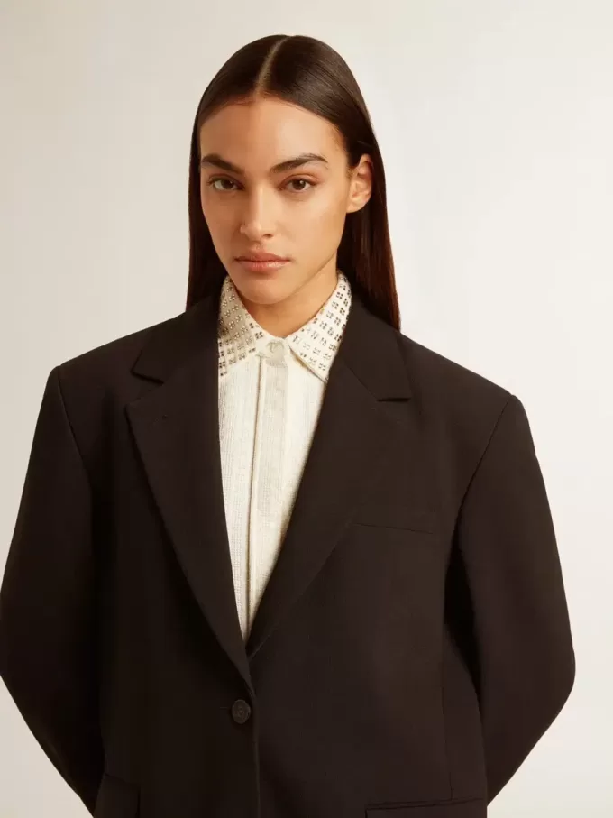 Chaqueta blazer de mujer en mezcla de lana negra Chaqueta blazer de mujer en mezcla de lana negra