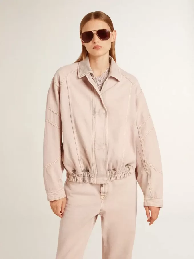 Chaqueta bomber de denim teñida de rosa para mujer Chaqueta bomber de denim teñida de rosa para mujer
