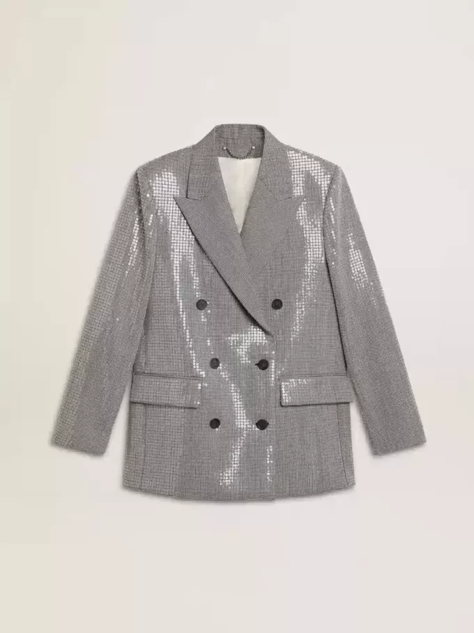 Chaqueta boyfriend de lana con doble botonadura, micro estampado de pata de gallo y lentejuelas Chaqueta boyfriend de lana con doble botonadura, micro estampado de pata de gallo y lentejuelas