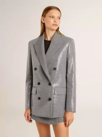 Chaqueta boyfriend de lana con doble botonadura, micro estampado de pata de gallo y lentejuelas