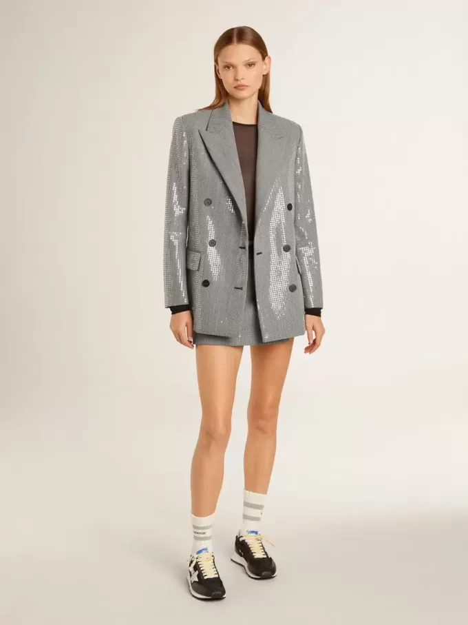 Chaqueta boyfriend de lana con doble botonadura, micro estampado de pata de gallo y lentejuelas Chaqueta boyfriend de lana con doble botonadura, micro estampado de pata de gallo y lentejuelas