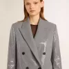Chaqueta boyfriend de lana con doble botonadura, micro estampado de pata de gallo y lentejuelas Chaqueta boyfriend de lana con doble botonadura, micro estampado de pata de gallo y lentejuelas