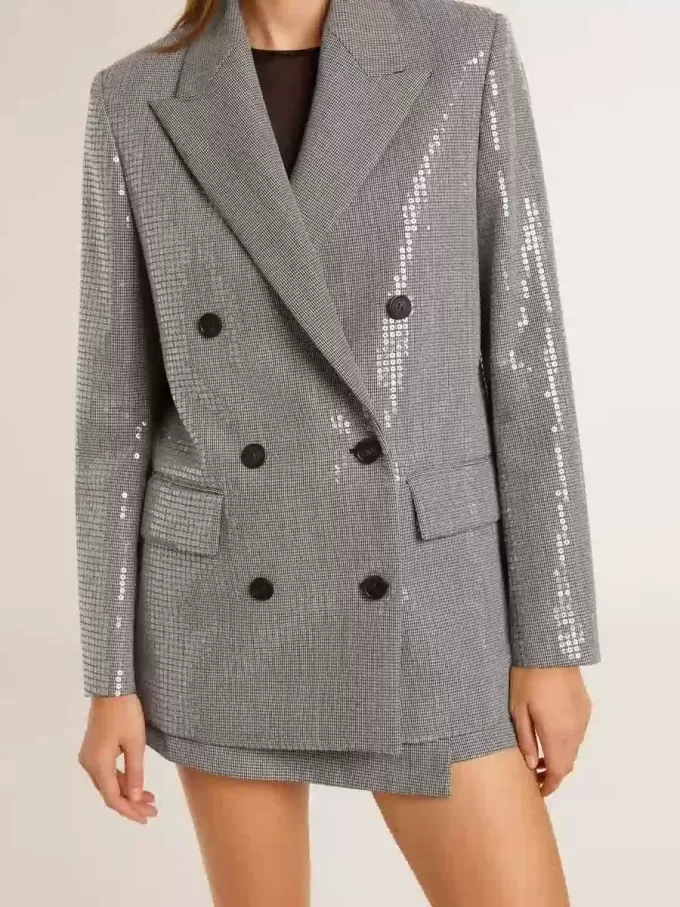 Chaqueta boyfriend de lana con doble botonadura, micro estampado de pata de gallo y lentejuelas Chaqueta boyfriend de lana con doble botonadura, micro estampado de pata de gallo y lentejuelas