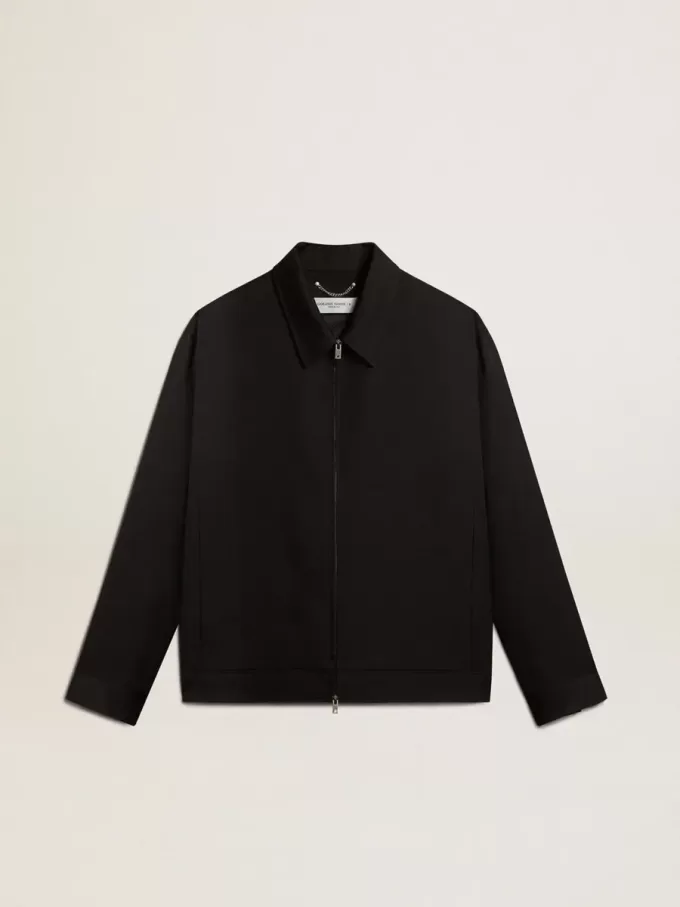 Chaqueta con cremallera para hombre en gabardina de lana negra Chaqueta con cremallera para hombre en gabardina de lana negra