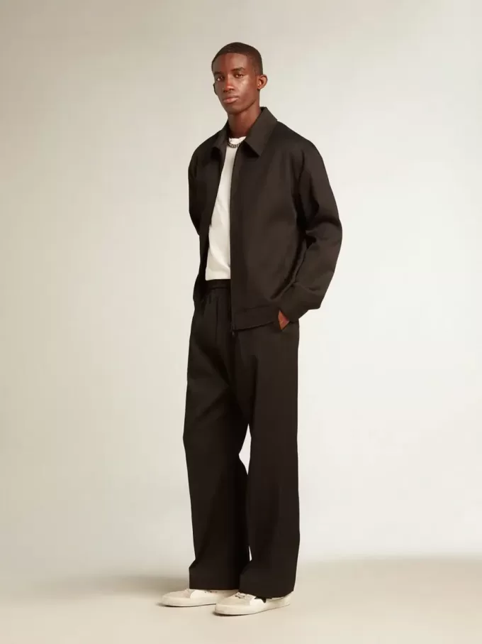 Chaqueta con cremallera para hombre en gabardina de lana negra Chaqueta con cremallera para hombre en gabardina de lana negra