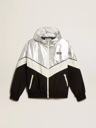 Chaqueta cortavientos para mujer en tejido técnico plateado y negro