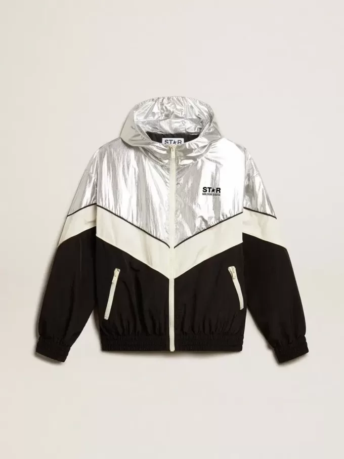 Chaqueta cortavientos para mujer en tejido técnico plateado y negro