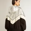 Chaqueta cortavientos para mujer en tejido técnico plateado y negro