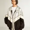 Chaqueta cortavientos para mujer en tejido técnico plateado y negro